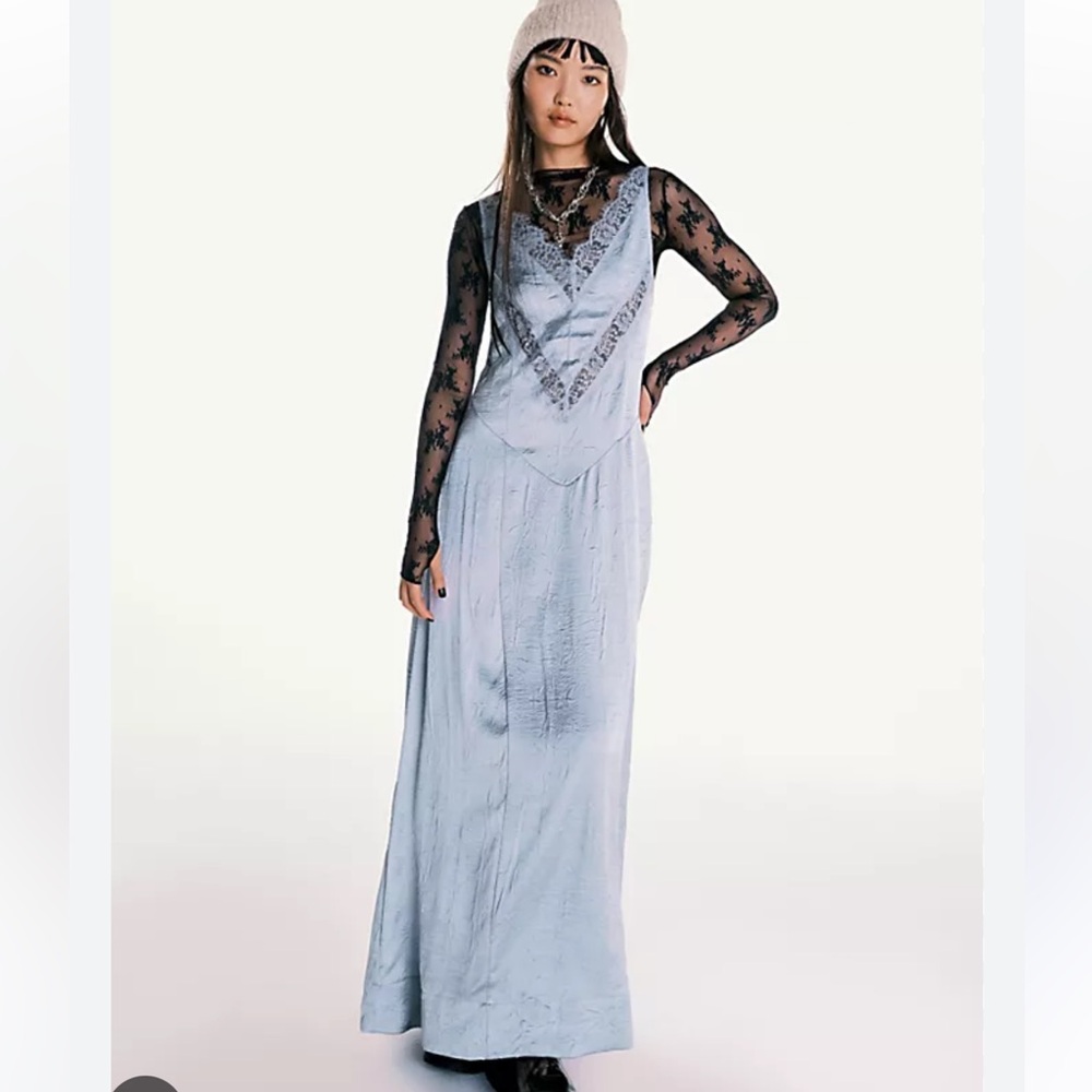 Free People Pale Blue Lace-Trim Slip Maxi Dress